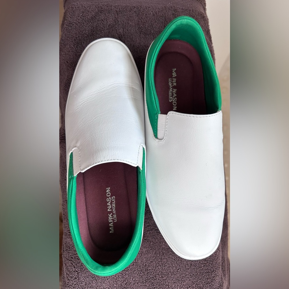 Woman’s mark Nason Zuma, white green leather slip on shoes, size 7.5.